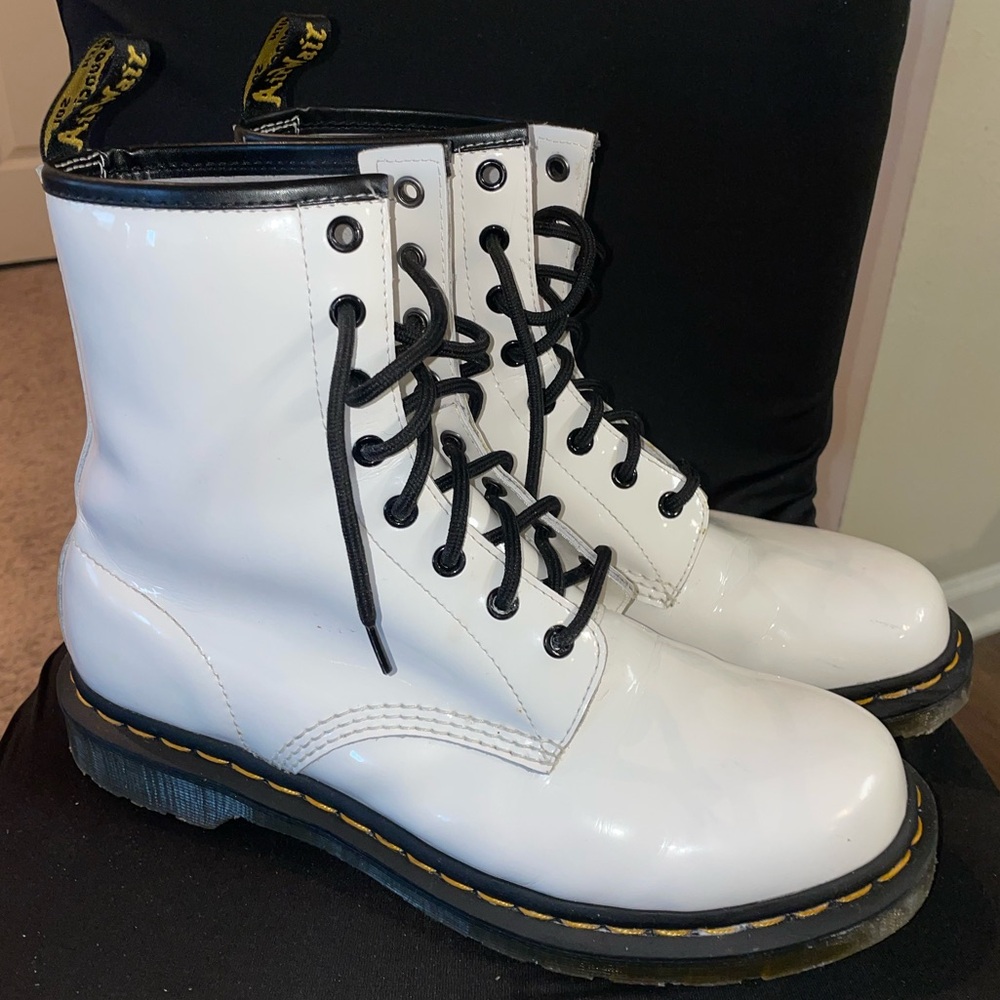Dr. Martens 11821 Patent Leather White Boots with Original Black Laces